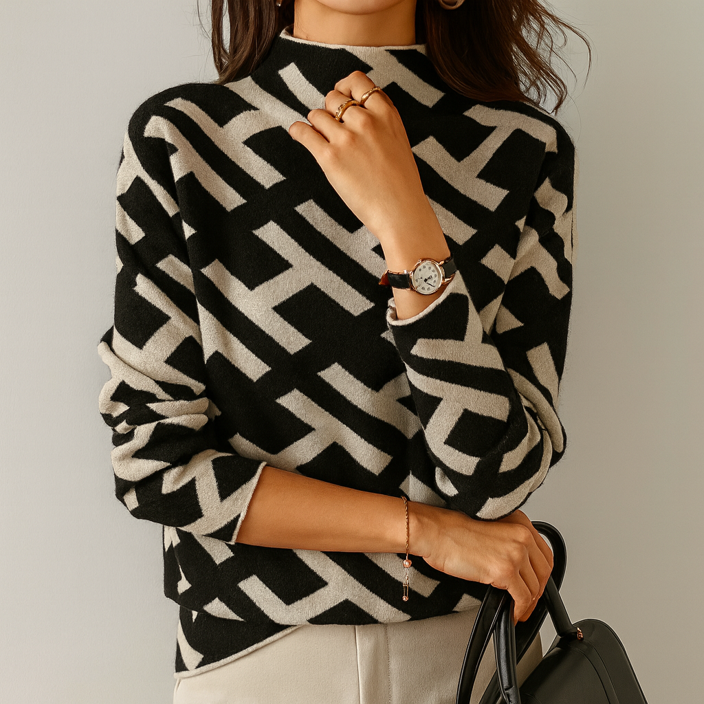 Pullover med geometriskt mönster och hög krage – Slående & Modern